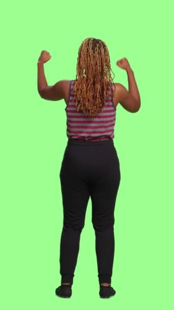 Vertical Video Positive Smiling Person Being Cheerful Greenscreen Backdrop Full — Stock Video