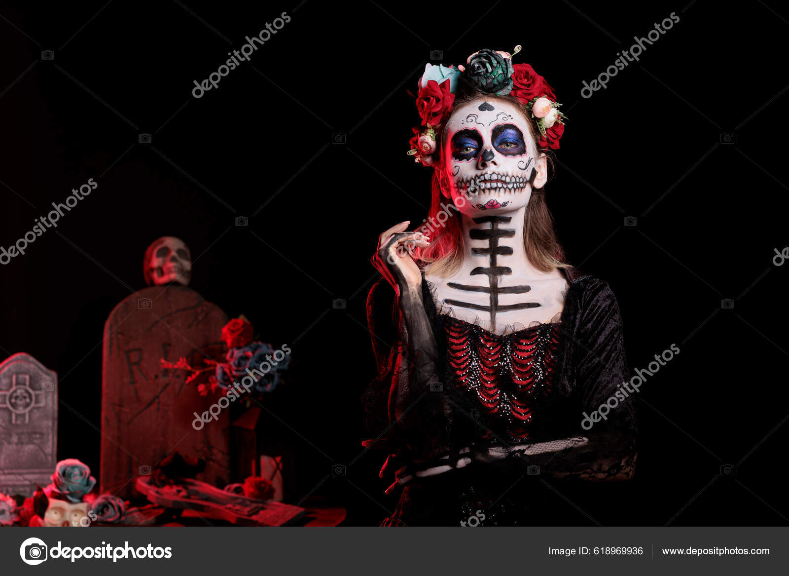 Spooky Lady Death Black Costume Catrina Skull Body Art Wearing Stock Photo  by ©DragosCondreaW 618969936
