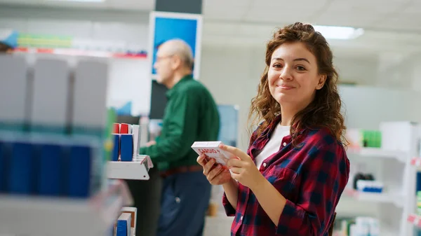 Female Client Examining Shelves Medicaments Vitamins Pharmacy Retail Store Looking — Stock Photo, Image