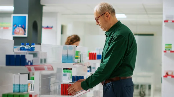 Senior Client Looking Medicaments Boxes Pharmacy Buying Pharmaceutical Products Drugstore — Stock Photo, Image