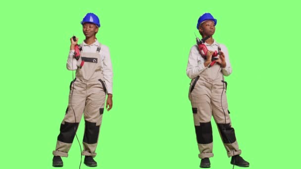 Handywoman Uniform Helmet Holding Power Drill Nail Screw Gun Full — Stock Video