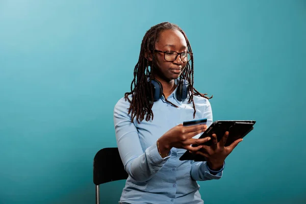 Happy Positive Attractive Woman Modern Tablet Making Online Payment Debit — Stok fotoğraf