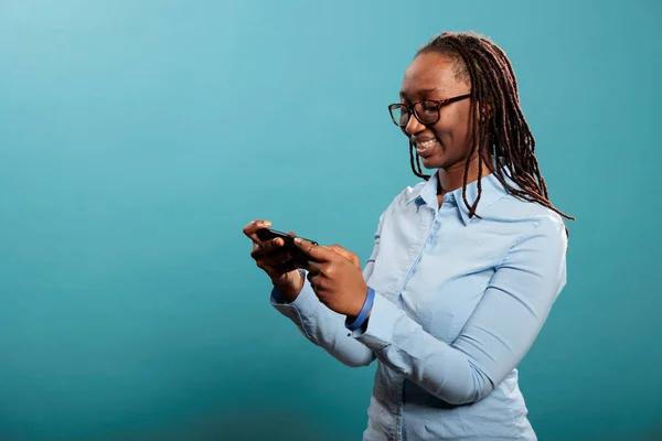 Confident Joyful Young Adult Person Modern Cellphone Watching Video Content — Foto de Stock