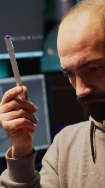 Dikey video: Veritabanı Yöneticisi programlama çözümü hakkında düşünüyor, kaynak kodu bulmak ve uygulama geliştirmek için yeni fikirler üretiyor. Düşünceli ve düşünceli olmak Bulut hesaplama verileri üzerinde çalışmak