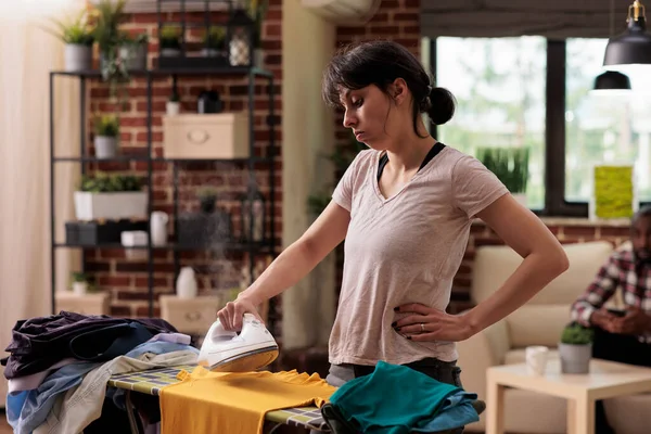 Bored Woman Tired Ironing Clothes Home Watching Frustration While Doing — Stock Photo, Image
