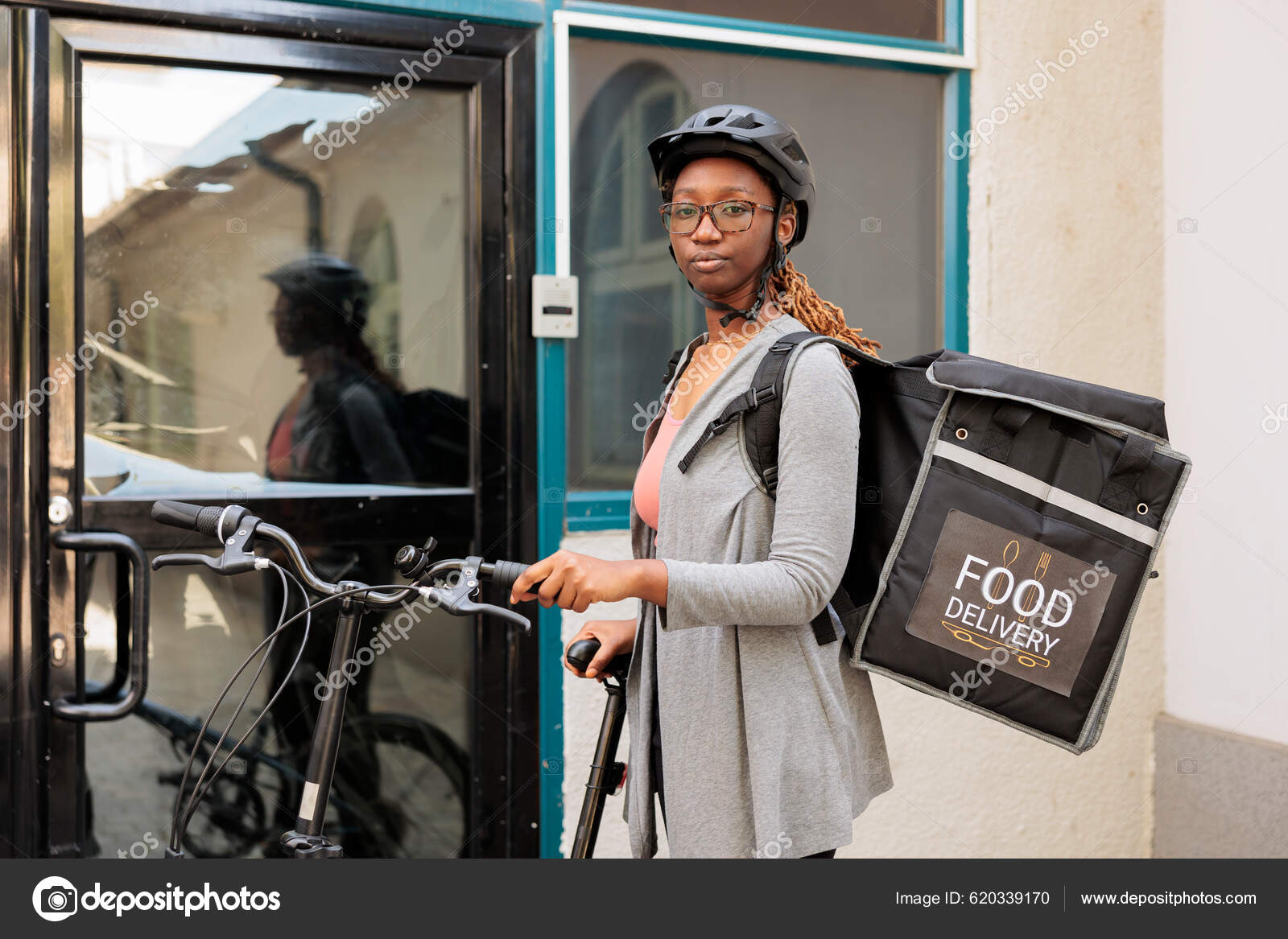 Courier Bike Waiting Customer Portrait African American Woman