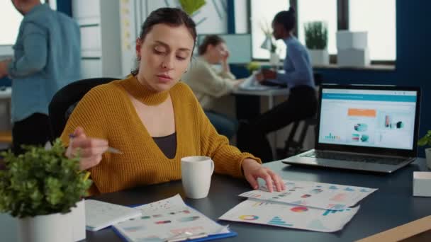 Portrait Startup Employee Comparing Two Sheets Paper Charts Analyzing Financial — Video