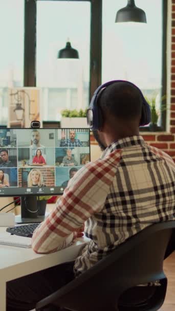Vertical Video Startup Worker Attending Online Videocall Meeting Home Talking — стоковое видео
