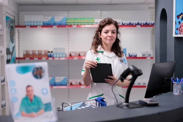 Pharmacy Worker Medical Uniform Standing Drugstore Counter Working Client Pharmaceutical — Stock Photo, Image