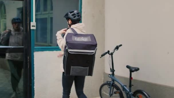 Woman Delivery Courier Giving Fastfood Package Paper Bag Customer Restaurant — Stock Video
