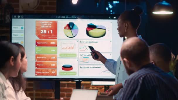 アフリカ系アメリカ人のビジネスコーチは 会議で分析レポートのプレゼンテーションを行い デジタルボード画面上のマーケティング統計データを表示します 役員室での戦略立案 — ストック動画