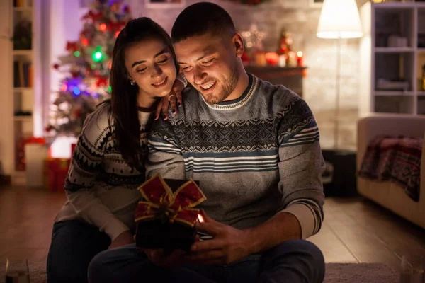 Happy Boyfriend Opening Magic Gift Box Girlfriend Christmas — Stock Photo, Image