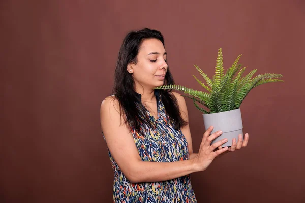 Indiaanse Vrouw Met Varens Potten Loof Plant Kamerplanten Dame Met — Stockfoto