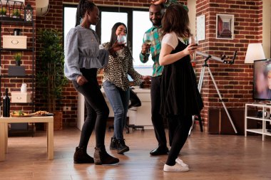 Farklı kültürler, etnik kökenler insanlar merkezdeki salonda birlikte dans ediyorlar. Arkadaşlar, partnerler şarap içiyor, arkadaşlığın tadını çıkarıyor, ev partisinde ortaklık kuruyor..