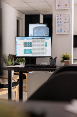 Mesai bitiminde personeli olmayan bir ofis, dahili finansal yatırım yazılımlarıyla birlikte masasında izleme. Bilgisayarlar ve iş materyalleri ile yatırım risk analizi şirketi.