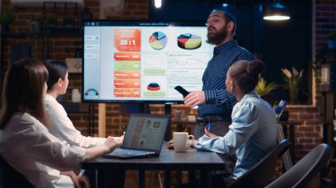 Şirket yöneticisi iş toplantısında analitik araştırmaları sunuyor, istatistikleri ekranda gösteriyor. Çalışan pazarlama sunumu, çeşitli takım planlama satış stratejisi