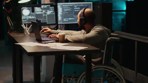 Web Developer Writing Source Code Office Dealing Physical Disability Night — Stock Video
