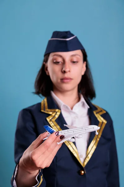 Young Stewardess Holding Airplane Model Aviation Academy Flight Attendant Playing — Stock Photo, Image