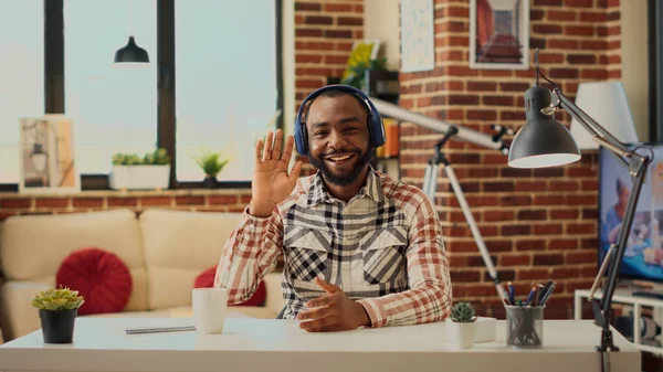 Male Manager Talking Online Videocall Conference Attending Remote Business Meeting — Stock Photo, Image