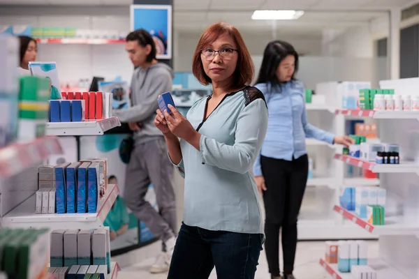 Happy Asian Woman Examining Pharmaceutics Drugstore Shelves Looking Boxes Medicaments — Stock Photo, Image