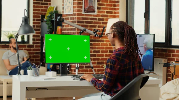 African American Freelancer Watching Computer Greenscreen Template Working Blank Copyspace — Stock Photo, Image