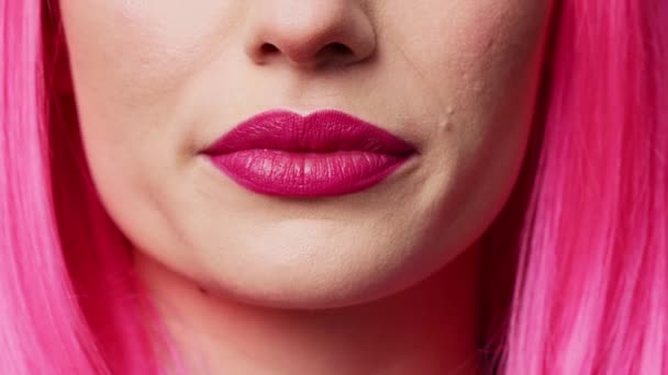 Cheerful Pretty Adult Pink Lipstick Biting Lips Studio Feeling Sensual — Stock Video