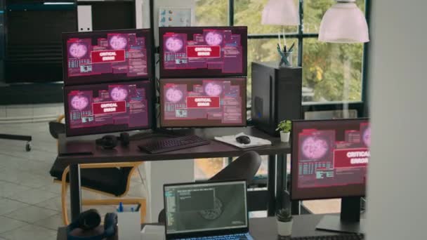 Computer Screens Running Hacking Alert Security Breach Empty Software Agency — Stock Video