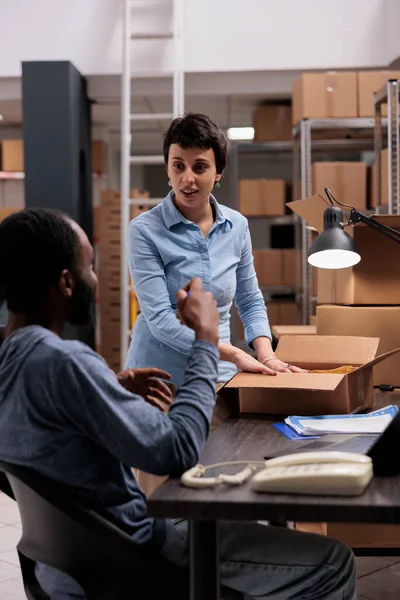 Supervisor Manager Discussing Transportation Logistics While Preparing Packages Putting Customer — Stock Photo, Image