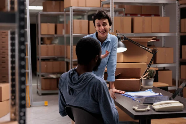 Storehouse Workers Having Fun Job While Preparing Customers Packages Putting — Stock Photo, Image