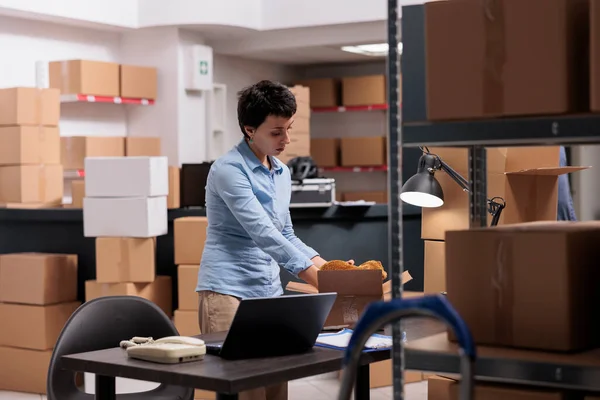 Supervisor Putting Trendy Blouse Cardboard Boxes Preparing Customers Orders Delivery — Stock Photo, Image