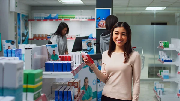Asian Client Checking Medicine Boxes Drugstore Shelves Looking Packages Find — Stock Photo, Image