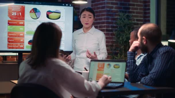 亚洲女企业家在商务会议上作了分析研究介绍 在数字板屏幕上展示了统计图 办公室工作人员营销报告 战略规划 — 图库视频影像