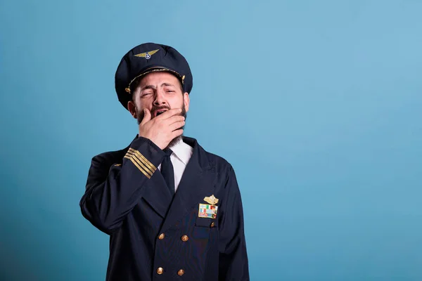 Tired Airplane Pilot Yawning Covering Open Mouth Hand Exhausted Aviator — Stock Photo, Image