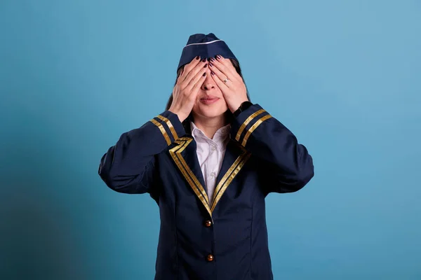 Stewardess Covering Eyes Hands Showing Hear Evil Gesture Airplane Flight — Stock Photo, Image
