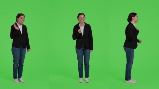 Cheerful Office Worker Waving Hello Goodbye Camera Doing Greeting Gesture — Stock Video
