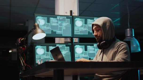 Criminal Hacking System Night Using Virus Produce Computer Malware Server — Stock Video