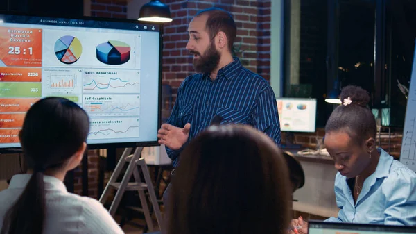 Business analytics team meeting, corporate presentation, marketing strategy planning. Employee pointing at digital board with statistics diagrams zoom in, coworkers brainstorming in boardroom