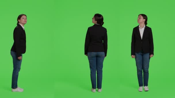 Female Corporate Model Wearing Formal Suit Standing Full Body Greenscreen — Stock Video