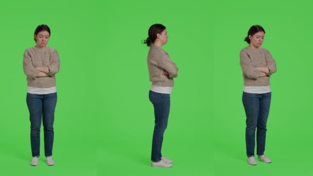 Discontent Upset Woman Acting Sad Discouraged Posing Greenscreen Backdrop Being — Stock Video