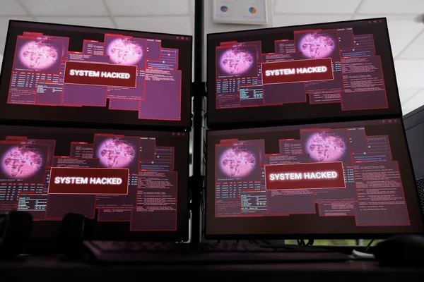 Computer Che Visualizzano Messaggio Avviso Sistema Hackerato Lampeggiante Sul Monitor — Foto Stock