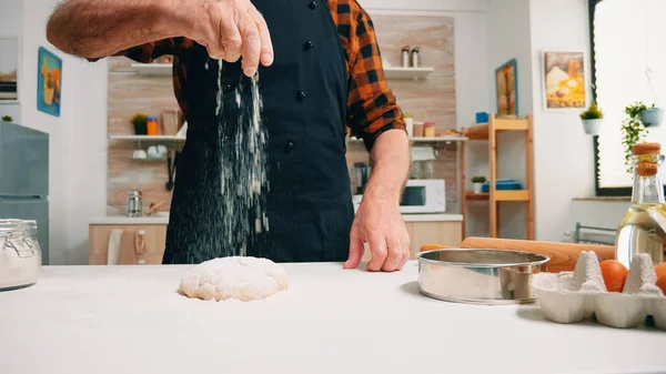 Close Man Sieving Flour Bread Dough Wooden Table Kitchen Elderly — Stock Photo, Image