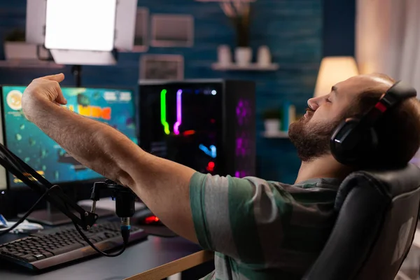 Excited Player Winning Important Online Esport Competition Space Shooter Playing — Stock Photo, Image