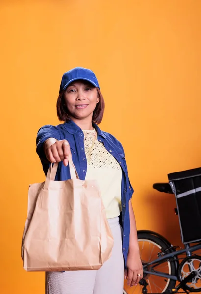 Restaurant Delivery Employee Wearing Blue Uniform While Delivering Food Order — Stock Photo, Image