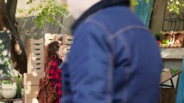 Müşterilere organik tarım ürünlerini göstermek için önlüklü, olgun bir biyolojik ürün taşıyan bir erkek. Neşeli çiftçi adam dışarıda sebze ve meyve satıyor. El kamerasıyla..