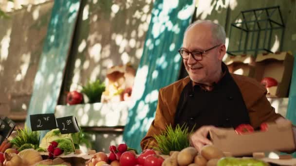 Junger Verkäufer Klebt Preisschilder Gemüsekisten Auf Dem Bauernmarkt Und Püriert — Stockvideo
