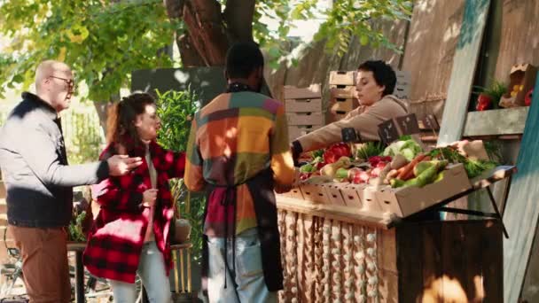 多样化的销售团队帮助客户选择自然产品 销售土生土长的生态水果和蔬菜 本地商贩在街市上展示生物新鲜有机产品 三脚架射击 — 图库视频影像