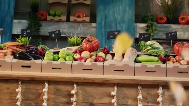 エコ自家製の自然食品や健康的な食事 ファーマーズマーケットカウンターで新鮮な熟した緑のリンゴ グリーンマーケットの屋台には地元の旬の果物や野菜でいっぱいの段ボール箱 閉じろ — ストック動画
