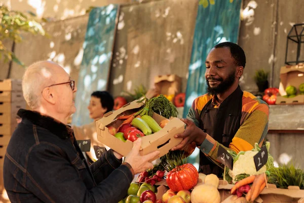 在秋天的几个月里 老年人在农贸市场上购买各种新鲜的季节性水果和蔬菜 笑容满面的非洲裔美国人小企业主卖自家种植的有机农产品 — 图库照片