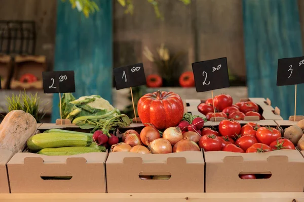 新鲜的小商业市场上有五彩缤纷的产品 健康的有机土生土长的农产品 在自然生态农业市场上出售的生物番茄 南瓜或南瓜 — 图库照片