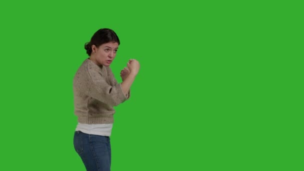 Side View Aggressive Woman Showing Clenched Fists Studio Acting Violent — Stock Video